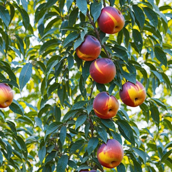 A branch of a fruit tree with several ripe, red and yellow fruits hanging among glossy green leaves. The fruits are marked with the words "Corn 48 (Copy)" across them.