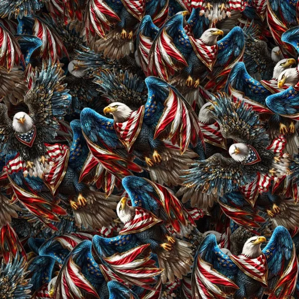 Introducing the "US Constitution 52 (Copy)": This design features a striking pattern of bald eagles adorned with American flag imagery. The densely overlapping layout showcases vivid red, white, and blue colors, with each eagle's expression uniquely varied to create a dynamic visual effect.