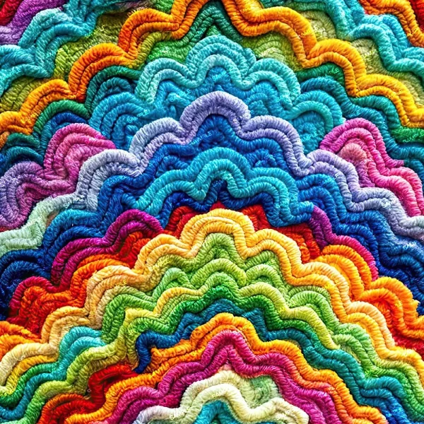 A detailed view of vibrant Pastel Woven Yarn 42 patterns in rainbow shades, featuring red, orange, yellow, green, blue, and purple. The layers delicately overlap to form a textured and wavy design.