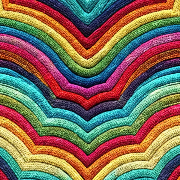 The Embroidered Rainbow Fabric showcases a lively design of layered chevron-shaped stripes in an array of bright colors, such as red, orange, yellow, green, blue, and purple. Its texture is thick and intricately detailed.