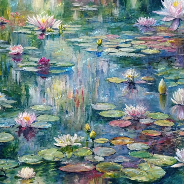 A pond with "Lilly Yellow Monkeys," showcasing pink and white blooms interspersed among green lily pads. The water mirrors some of the flowers and foliage, crafting a tranquil and vibrant scene.