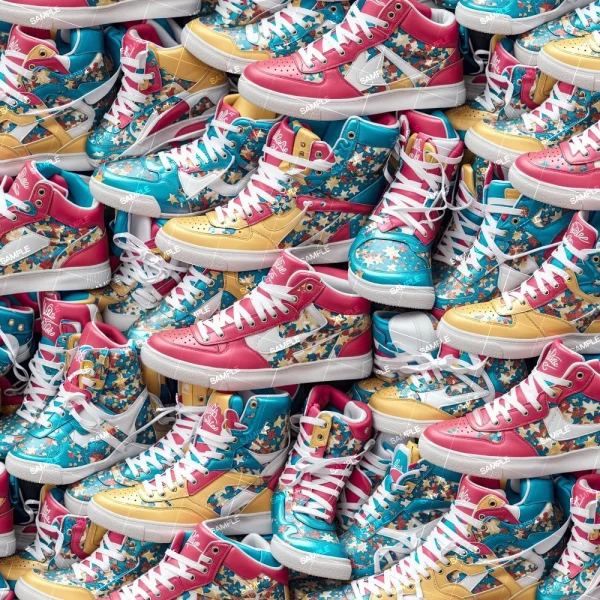 A vibrant collection of high-top sneakers named "Magenta Neon Squiggles," showcasing lively patterns in blue, pink, and yellow hues. The shoes are adorned with various graphic designs such as stars and abstract shapes, complemented by white laces and soles.