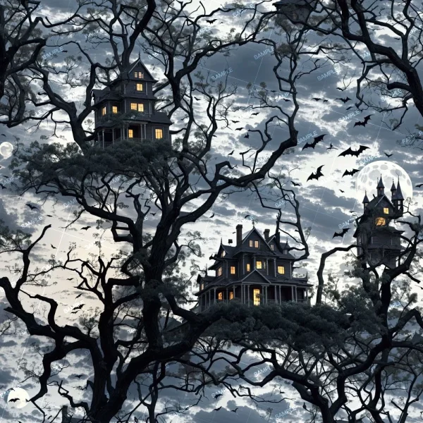 A chilling scene featuring wild horses galloping under a moonlit night sky, surrounded by bats and three imposing haunted houses nestled in twisted, leafless trees. The houses' windows glow with eerie light as swirling clouds fill the sky.
