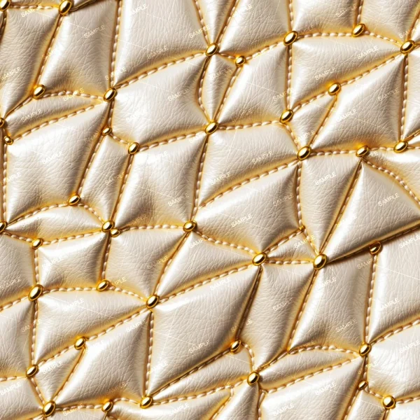 The White Leather Upholstery 42 showcases a quilted leather pattern with diamond-shaped sections accented by gold buttons. The light beige leather features visible stitching lines that enhance its texture.