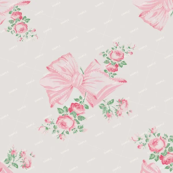 The "Yellow Flowers (Copy)" product showcases patterned wallpaper embellished with pink bows and clusters of pink roses set against a light background, featuring repeated floral and ribbon motifs.
