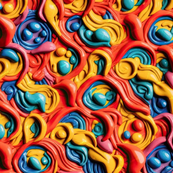 The Rainbow Satin Sheets (Copy) feature a lively abstract pattern with swirling, overlapping shapes in red, yellow, blue, and teal. The design has a textured, three-dimensional appearance that resembles folds or layers of colorful material.