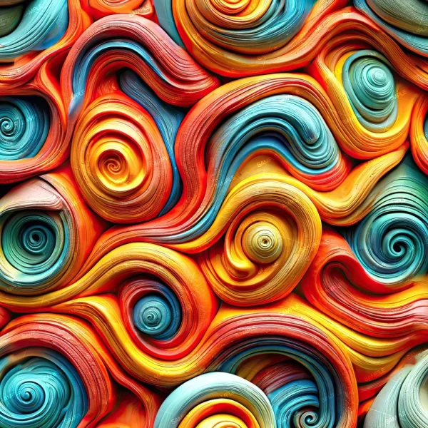 A vibrant and abstract pattern with swirling, spiral shapes in shades of red, orange, yellow, and blue decorates the Claymation 42 (Copy), showcasing a textured and layered design that resembles a dynamic artistic composition.