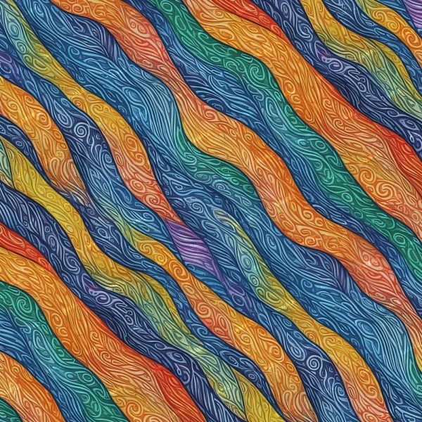 A vibrant design named "Colored Pencil Waves 42 (Copy)" features abstract wavy stripes in shades of blue, orange, green, and yellow. Each stripe is intricately detailed with swirling line patterns, giving it a textured and dynamic look.