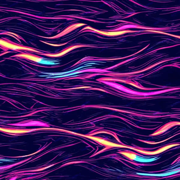 Colored Pencil Waves 43 (Copy) showcases an abstract image with flowing, wavy lines in vibrant shades of pink, purple, yellow, and blue set against a dark background. The dynamic and fluid appearance of the lines evokes the impression of light trails or streaks.