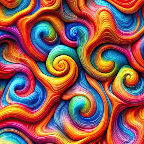 The Colored Pencil Waves 43 (Copy) boasts a lively abstract swirl pattern, showcasing a blend of vivid colors such as red, yellow, blue, and orange. The design presents a textured and fluid appearance with interconnected, flowing shapes.