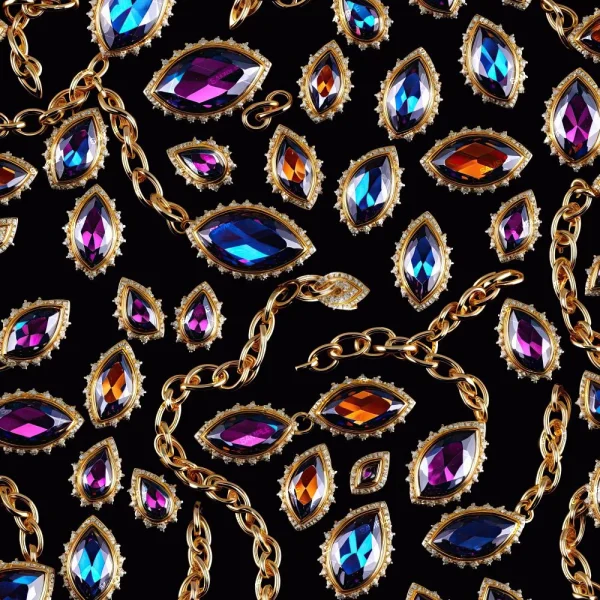 A design featuring a sequence of jewel-encrusted chains and teardrop-shaped gems in spectacular blue and purple shades, accented with a gold border, all set against a rich black backdrop. Product Name: Sneaker Collector (Copy).