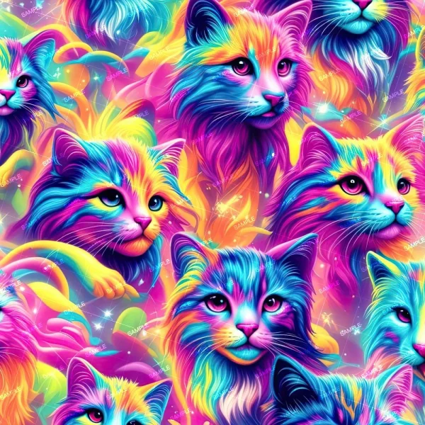 Peanuts 23 (Copy) presents a vivid and colorful illustration that showcases several cats adorned with bright, neon-esque fur in shades of pink, blue, yellow, and purple. The backdrop is embellished with sparkling details and a gentle gradient light effect, cultivating a dreamy and fantastical ambiance.