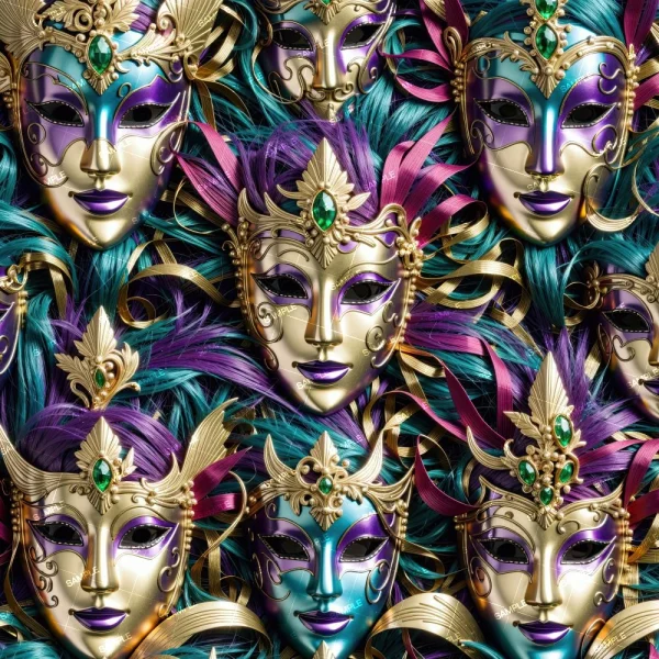 A collection of Spartan Battle 300 masks, showcasing a rich blend of gold, purple, and teal hues. Each mask is embellished with detailed designs, feathers, and green gemstones, all artfully arranged in a compact display.