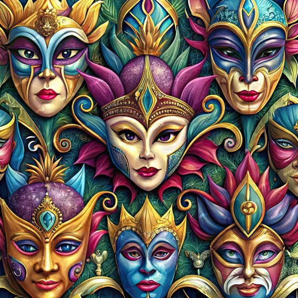 A vibrant collage showcasing the elaborate designs and rich colors of the Mardi Gras Masks 33 collection, featuring gold, purple, teal, and pink accents. Each mask displays unique patterns and embellishments, set against a textured, leafy background.