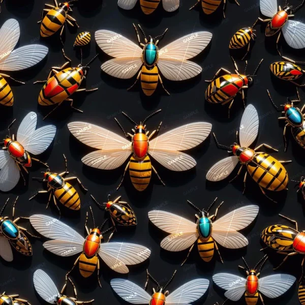 A dark background showcases an organized grid of Block Toy Bugs, colorful mechanical insects with vibrant wings and bodies in shades of gold, blue, and red.