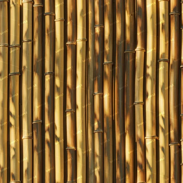 A close-up view of Gold Mine Walls (Copy) reveals vertical bamboo stalks in shades of brown and tan, with sunlight casting shadows that highlight their texture and natural pattern.