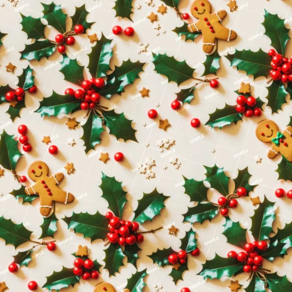 The Victorian Christmas Tree Ornaments pattern showcases holly leaves, red berries, gingerbread cookies, and gold star-shaped decorations on a light background.