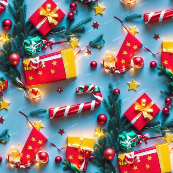 The Victorian Christmas Tree Ornaments feature a festive pattern with red and yellow gift boxes, candy canes, red ornaments, green branches, and yellow star decorations on a blue background.