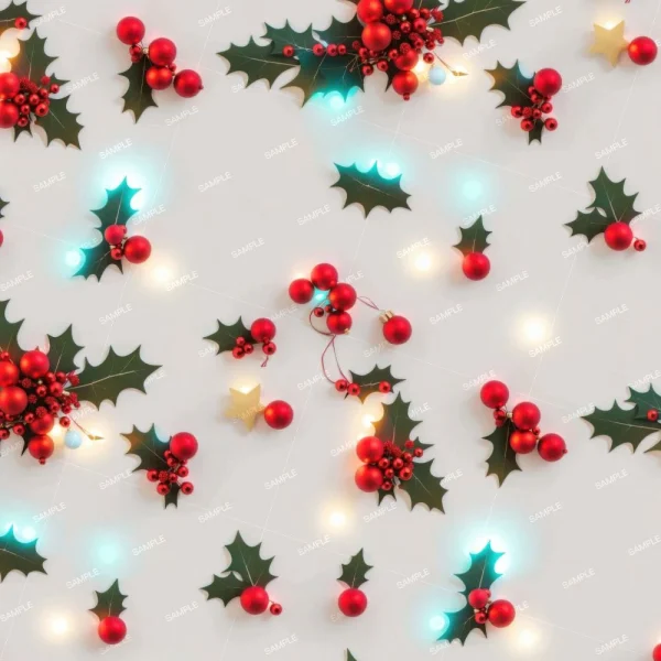 The Christmas Decorations 45 features a festive flat lay with red holly berries, green holly leaves, gold stars on a light background, and is illuminated by warm white and soft blue string lights for a cheerful atmosphere.