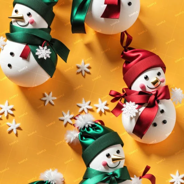 Four "Christmas Decorations 45 (Copy)" snowman ornaments with green and red ribbons and hats sit on a yellow background, each featuring a carrot nose and rosy cheeks. White snowflake decorations are scattered throughout the scene.
