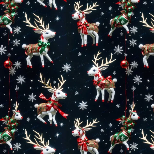 The Christmas Decorations 47 (Copy) features reindeer with plaid bodies and antlers, adorned with red and green bows. Snowflakes and red ornaments are scattered in the background against a dark backdrop.