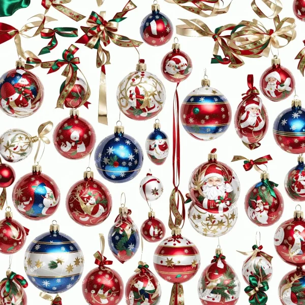 The Christmas Decorations 47 collection offers festive ornaments with designs like Santa Claus, snowmen, and stars in red, blue, white, and gold colors. They are adorned with ribbons and glitter for a sparkling holiday look.