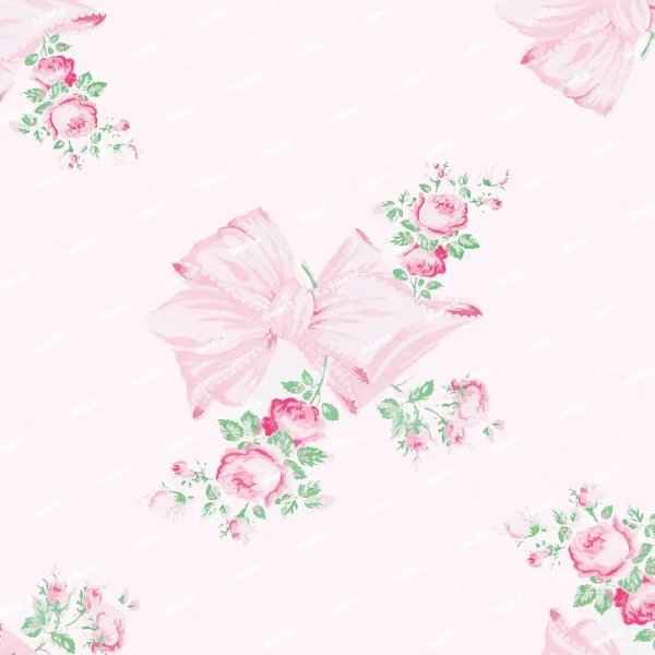 The product "Dandelions on the Wind (Copy)" features a pastel pink pattern with large bows, clusters of roses, and green leaves on a light background, creating a soft, delicate aesthetic through its repeating design.