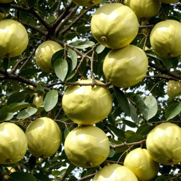 Clusters of large, round, yellow-green garlic bulbs hang from branches under bright daylight surrounded by lush green leaves.