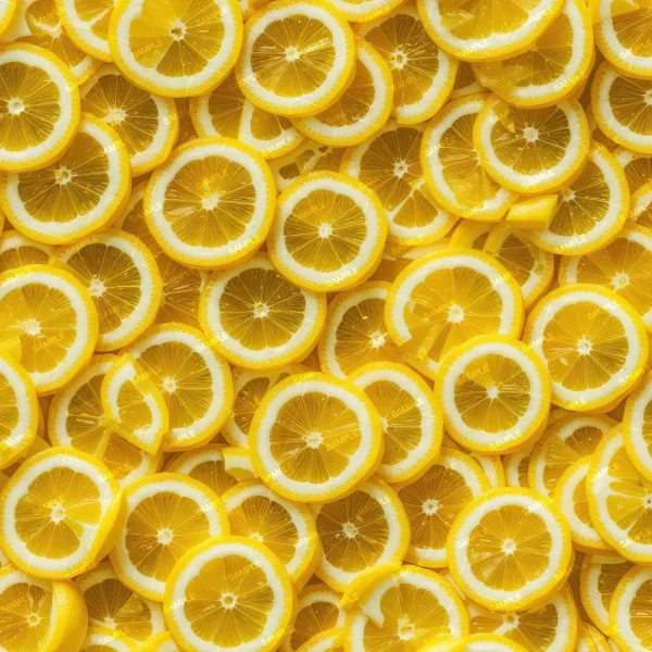 Numerous thinly sliced garlic pieces are arranged in a layered, overlapping pattern. The slices display a bright white flesh with a translucent appearance, encased by a thin off-white rind. The image is vibrant and visually striking.