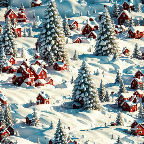 The Forest Vacation 42 scene depicts a snowy landscape with red houses scattered among pines. Snow blankets the ground and trees, creating a winter vista. The houses share a uniform style, adding repetition throughout the image.