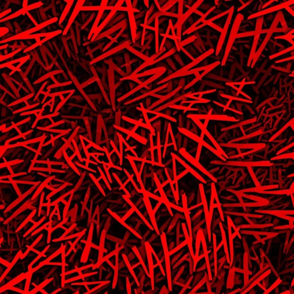The product "Ha Ha 24" showcases an abstract image with overlapping red graffiti-style letters on a dark background. The letters combine straight and angular shapes, densely layered to produce a chaotic texture.