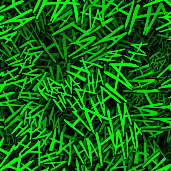 HA" text in various sizes densely fills the image, creating a chaotic and vibrant effect. The green background blends with the overlapping text for uniformity. Product: Ha Ha Red 24 -- Duplicate.