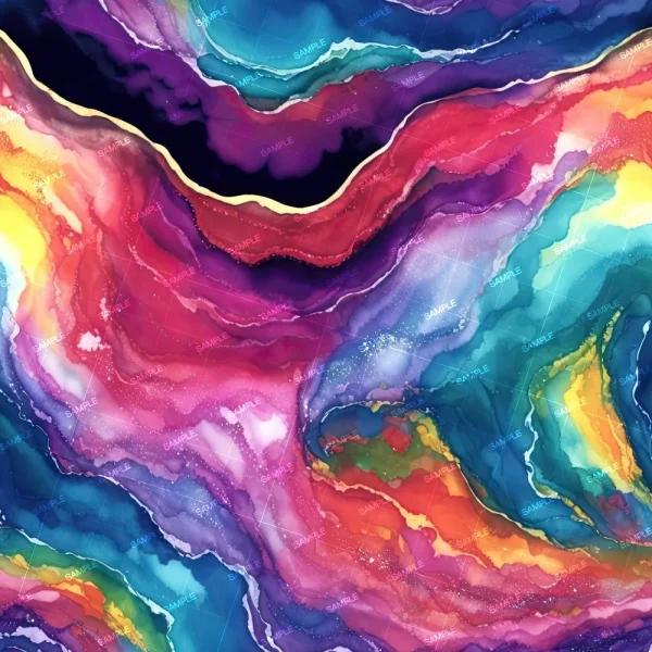 The "Alcohol Ink Abstract 42 (Copy)" painting features flowing swirls of vibrant colors like red, blue, yellow, and green, creating a marbled effect reminiscent of fluid motion or rock strata layers.