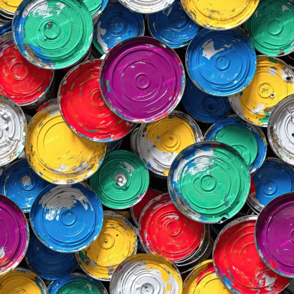 The Alcohol Ink Abstract 42 (Copy) showcases an aerial view of paint cans with vibrant colors like red, blue, green, yellow, purple, and silver. The splattered rims add a dynamic and artistic flair to the image.