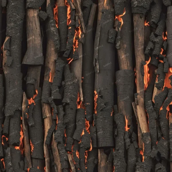 The Burning Cordwood (Copy) image shows a stack of charred logs with visible flames and embers nestled between the darkened wood pieces, highlighting the texture and pattern of burning wood.
