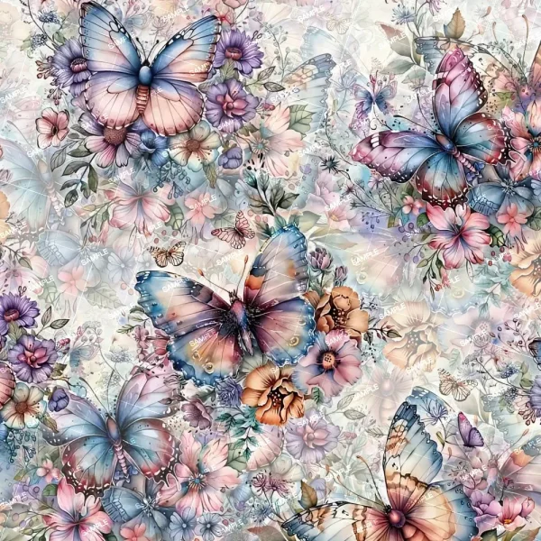 A vibrant pattern named "Alien Insects 42 (Copy)" showcases large, colorful butterflies and flowers in pink, purple, and blue hues. The intricately detailed insects and blooms overlap on a pastel background.