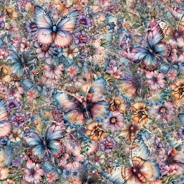 The Butterfly Garden 47 (Copy) design showcases colorful butterflies in pastel shades among various blossoms and lush greenery, creating a lively and intricate pattern.