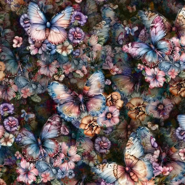 The Butterfly Garden 47 (Copy) features a vibrant pattern of large, colorful butterflies among blue, pink, and orange flowers, creating a vivid and harmonious blend of nature-inspired elements.