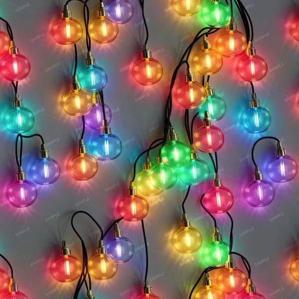 The "Christmas Tree Ornaments 52 (Copy)" features a vibrant assortment of colorful glowing round bulbs in red, blue, green, purple, and yellow. They are set against a light gray background and linked with black wires.