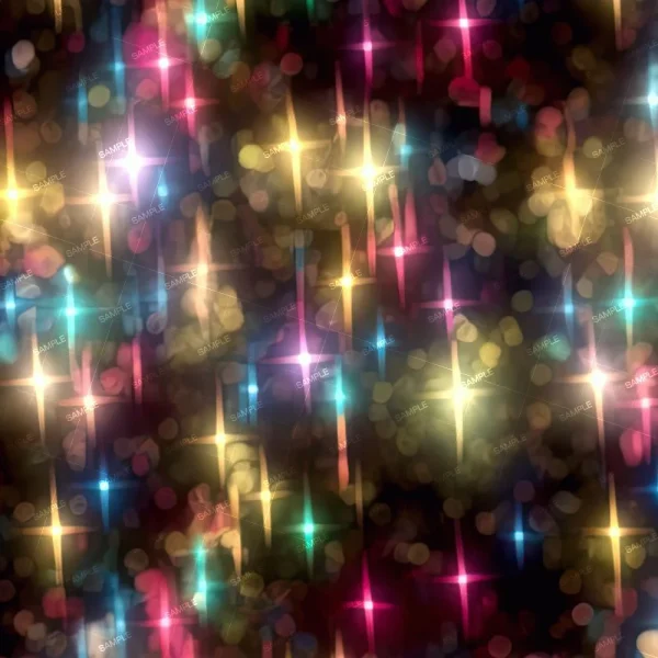 The Christmas Lights 42 (Copy) features a vibrant abstract background with starburst patterns in yellow, red, blue, and green against a dark backdrop, sprinkled with small bokeh lights.