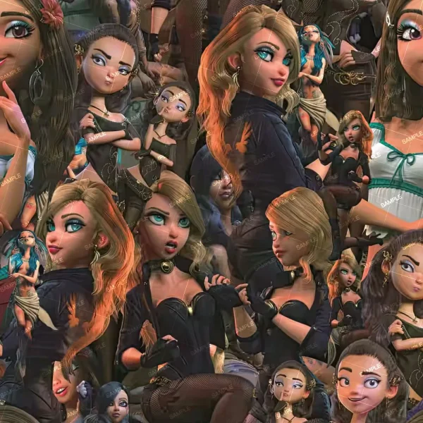 A collage titled "Ha Ha Green 25 (Copy)" features animated female characters with large eyes and styled hair in various outfits. In dark and colorful tones, some cross their arms, while others gesture or sit, expressing diverse poses.