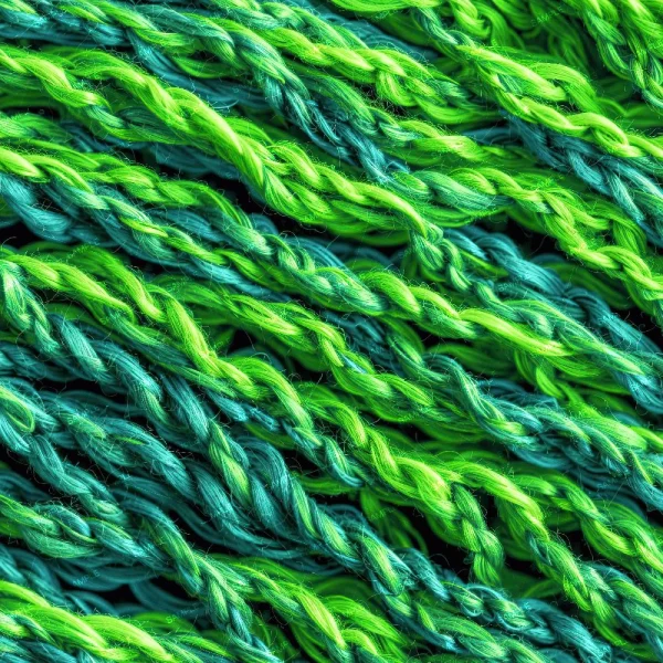 Close-up of Terry Cloth Rainbow Fabric showcasing intertwined strands in bright green and turquoise. The twisted fibers form a textured, vibrant pattern.