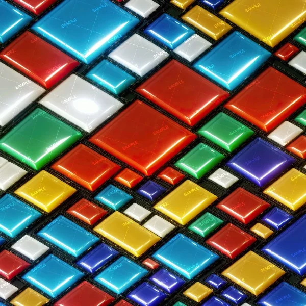The image depicts "Sculptured Rainbow (Copy)," an arrangement of glossy square tiles in blue, red, green, white, and yellow. Organized diagonally, they form a vibrant geometric pattern.
