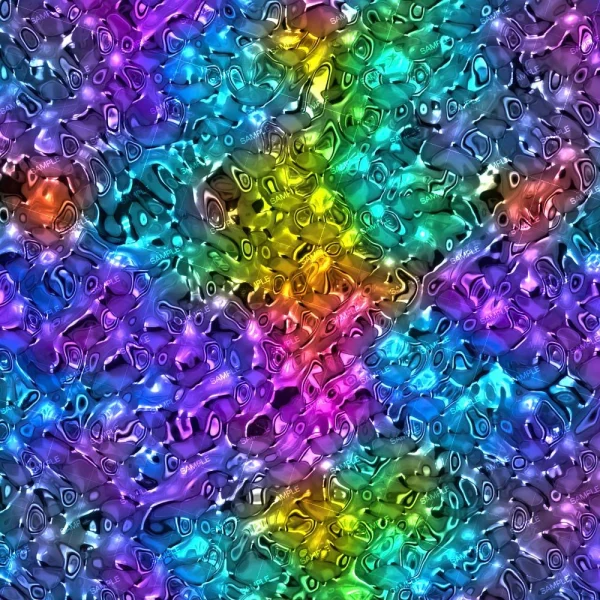 The Glass Tiles 43 (Copy) features an abstract image with vibrant colors like blue, purple, green, yellow, and red. Its glossy surface creates a liquid-like texture that forms a swirling pattern similar to rippling water or a melted rainbow.