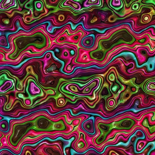 Experience the vibrant, wavy patterns of Liquid Rainbow, featuring an abstract digital art style in green, pink, red, and brown. Resembling topographic maps with layered contours and organic shapes, it creates a colorful and intricate texture.