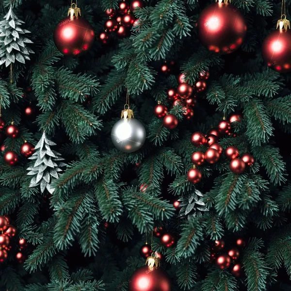 The Christmas Lights 43 is a festive tree featuring red and silver baubles, silver pinecone ornaments, clusters of small red berries, and green branches for a cheerful holiday decoration.