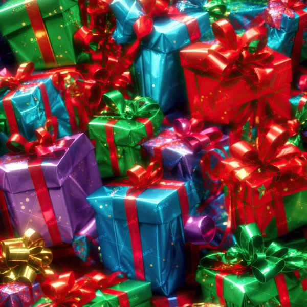 A vibrant collection of Gothic Christmas Tree 42 (Copy) wrapped gift boxes, showcasing shiny paper in red, green, blue, and purple, each decorated with matching or contrasting ribbons and bows.