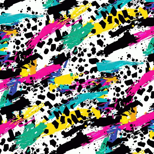 The Empty Paint Cans (Copy) design features a vibrant abstract pattern with bold brush strokes and splatters of black, pink, yellow, blue, and teal on a white background. The chaotic, overlapping shapes and textures create a dynamic and energetic visual effect.