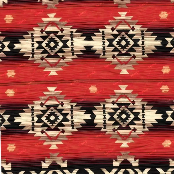 The "Origami Paper Shapes (Copy)" pattern showcases geometric shapes in black, beige, and red with symmetrical diamond motifs and horizontal stripes, forming a repeating sequence.