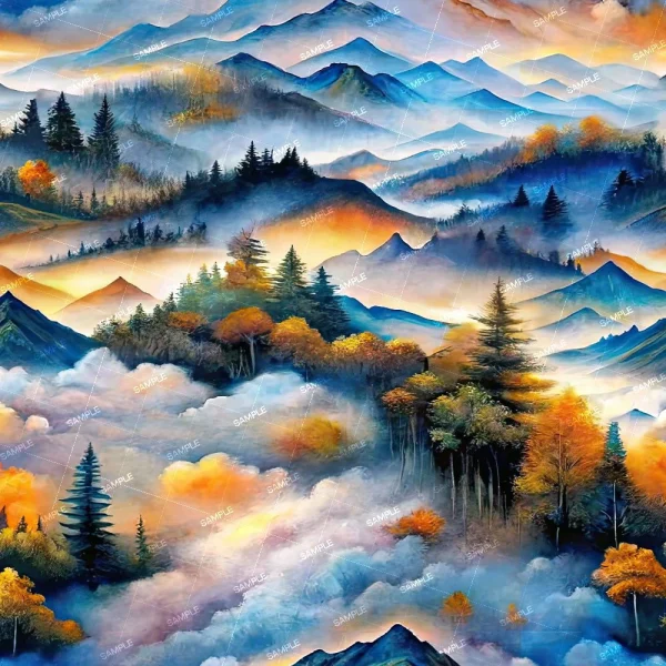 The digital artwork "Memphis Style Abstract Graphics 44" depicts a serene mountain landscape with layered ranges, pine trees, and vibrant autumn foliage. Mist and soft clouds drift between peaks, creating a dreamy atmosphere.